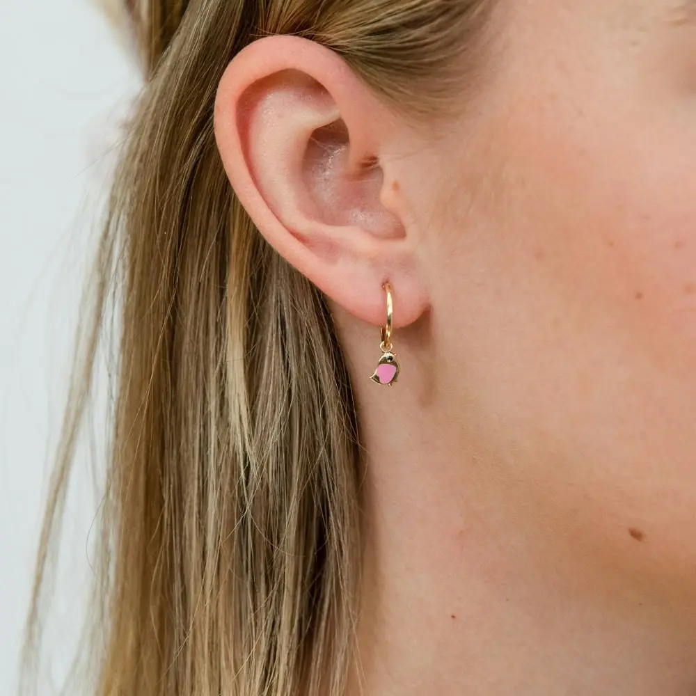 9ct Yellow Gold Pink Bird Sleeper Earrings