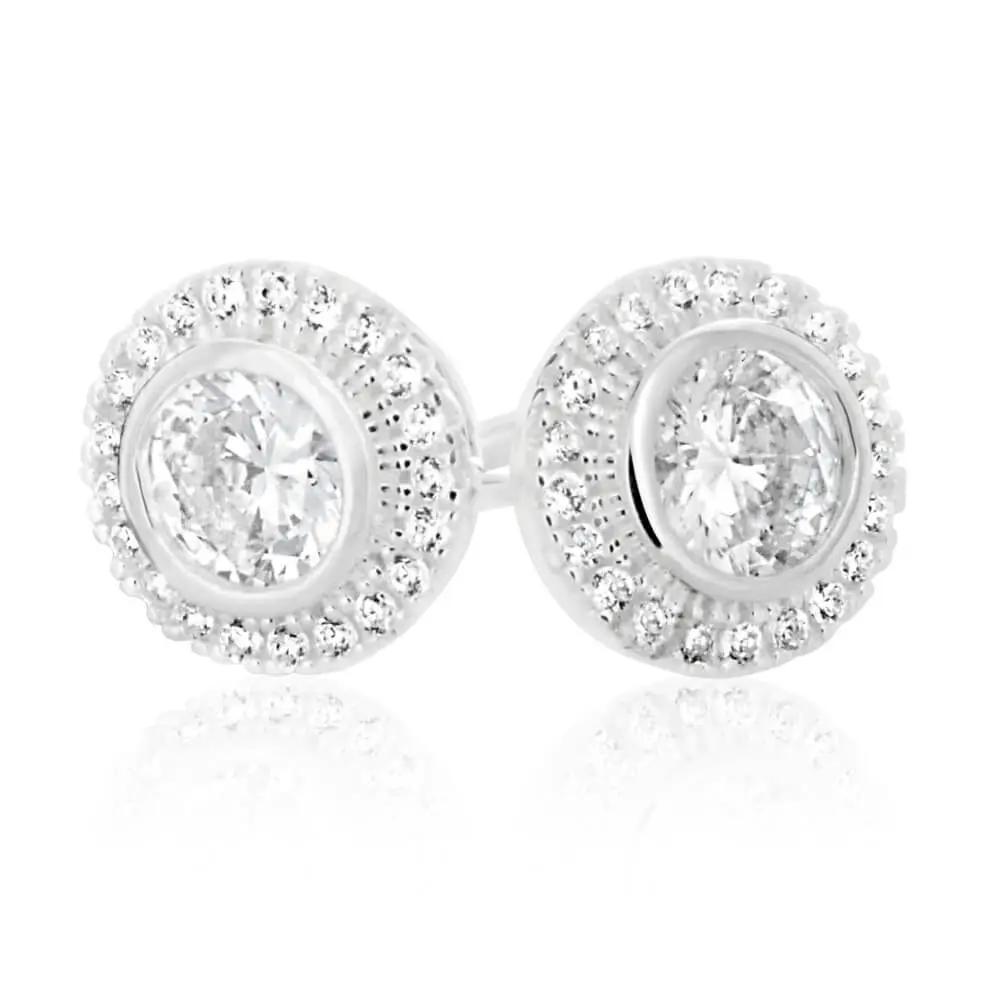 Sterling Silver Cubic Zirconia Round Halo Stud Earrings