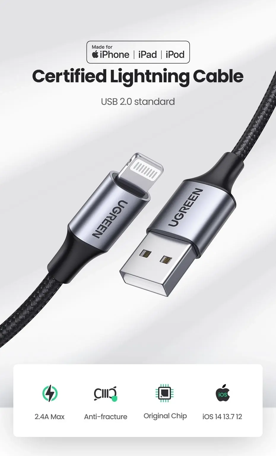 UGREEN 60163 USB-A to 8-pin iPhone Charging Cable 2M Silver