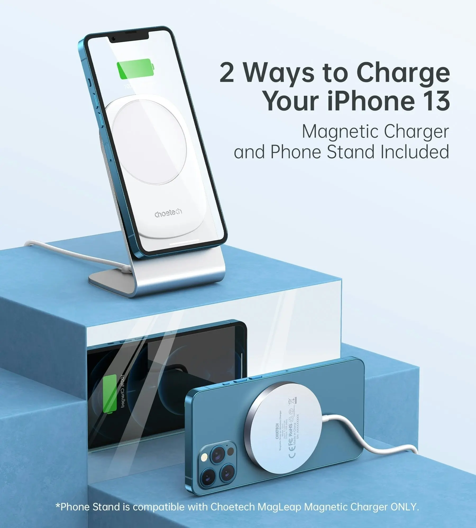 CHOETECH MIX00117SL Magasafe Fast Wireless Charger Stand Holder For iPhone 13/12 (H047+T517)