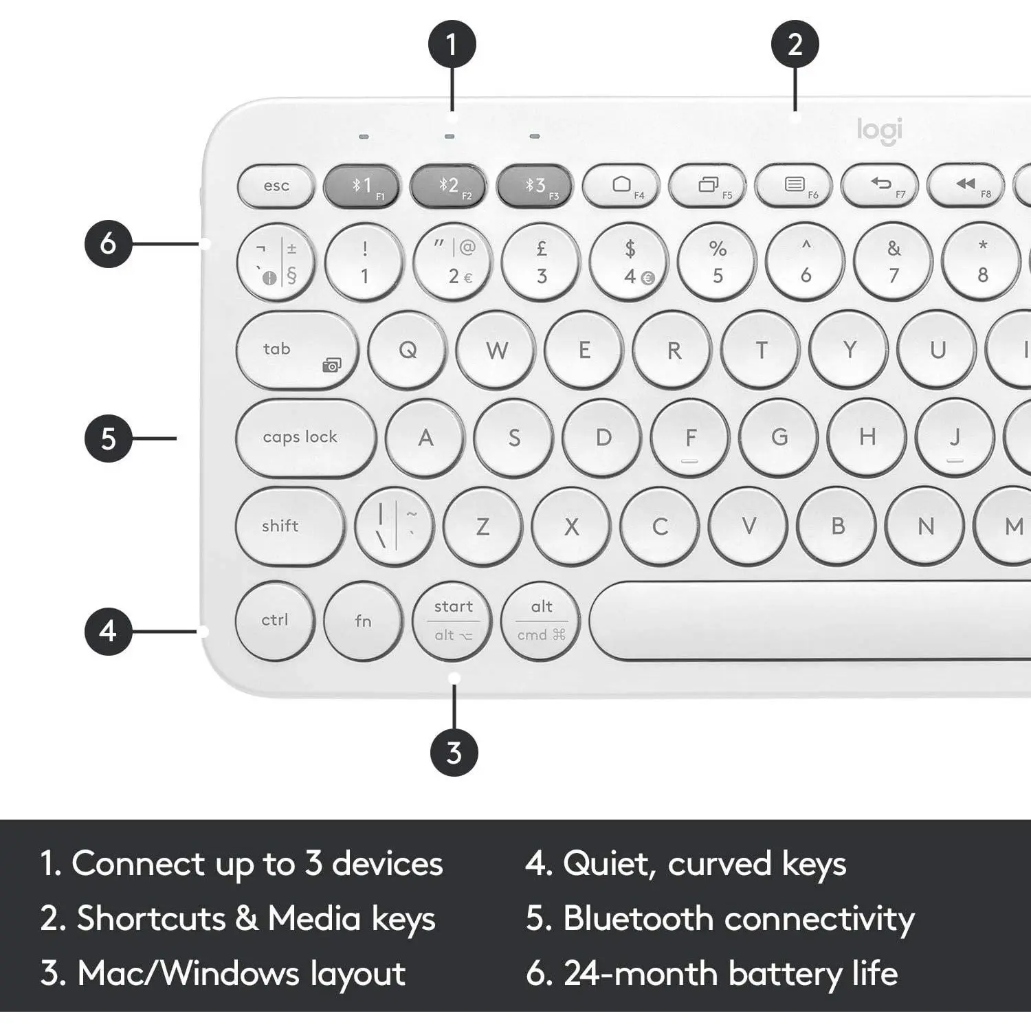 Logitech K380 Multi-Device Bluetooth Wireless Keyboard with Easy-Switch for Up to 3 Devices - White