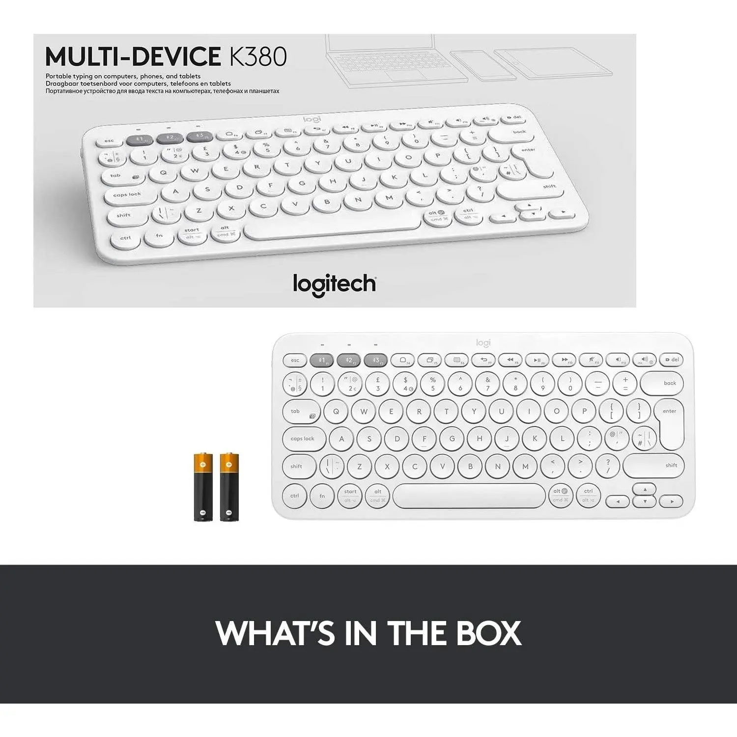 Logitech K380 Multi-Device Bluetooth Wireless Keyboard with Easy-Switch for Up to 3 Devices - White