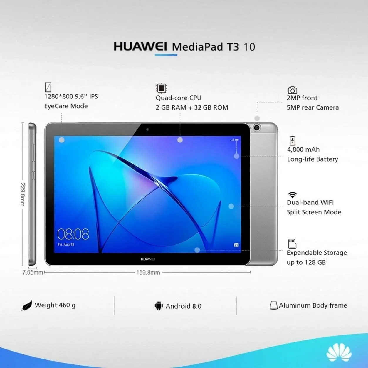 Huawei MediaPad T3, 3GB RAM, 32GB, 10" Android Wifi Tablet - Space Grey