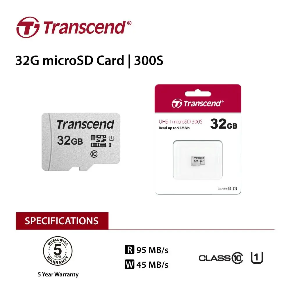 TRANSCEND TS32GUSD300S 32GB UHS-I U1 microSD w/o Adapter  (microSDHC I, C10, U1)