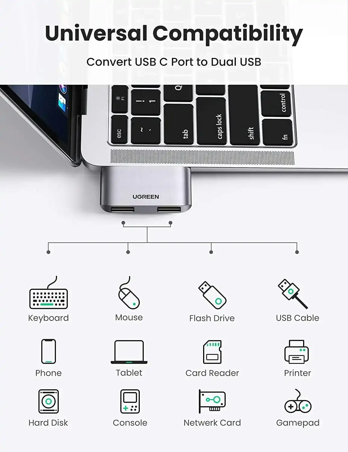 UGREEN 10912 USB-C to USB 3.0 x2 Adapter