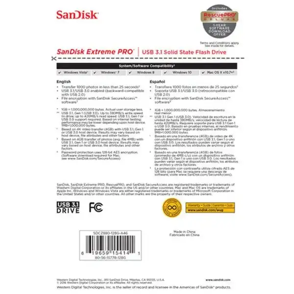 SanDisk 128GB Extreme PRO USB 3.2 Solid State Flash Drive (SDCZ880-128G)