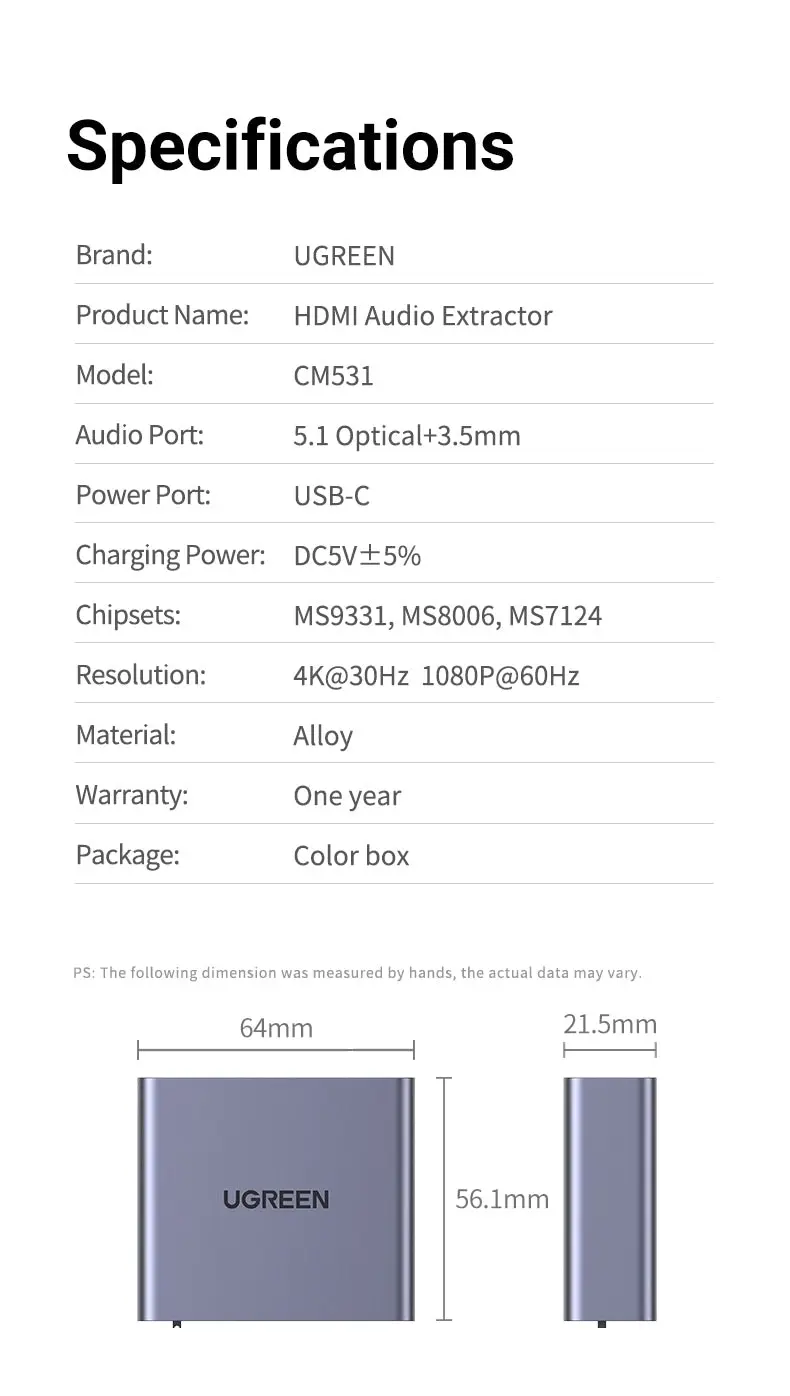 UGREEN 60649 HDMI Audio Extractor (SPDIF + 3.5mm AUX)