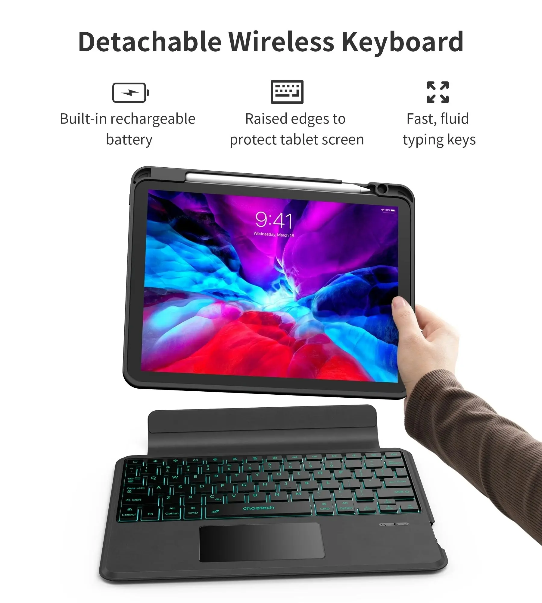 CHOETECH BH-018 Wireless Keyboard with Touchpad and Backlight for iPad Pro 11 " (Black)