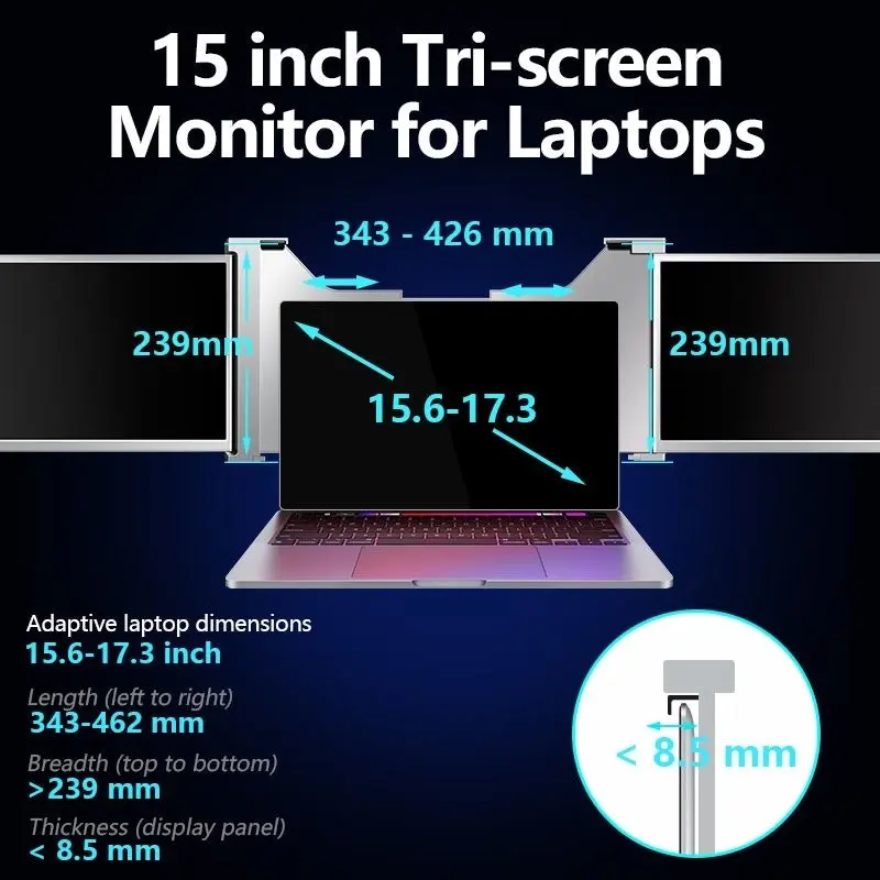 15.4 inch Trifold Portable Monitor 1080P IPS FHD Laptop Screen Extender For Laptop - Space Grey