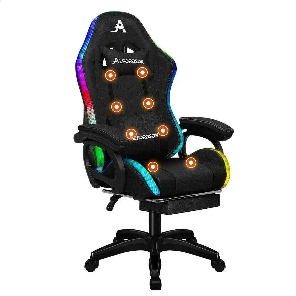 Alfordson LED Gaming Chair Office with 8-Point Massage Fabric Black