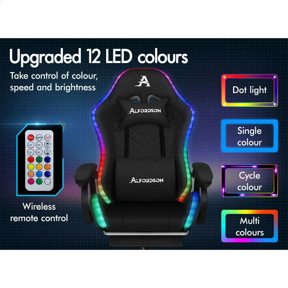 Alfordson LED Gaming Chair Office with 8-Point Massage Fabric Black