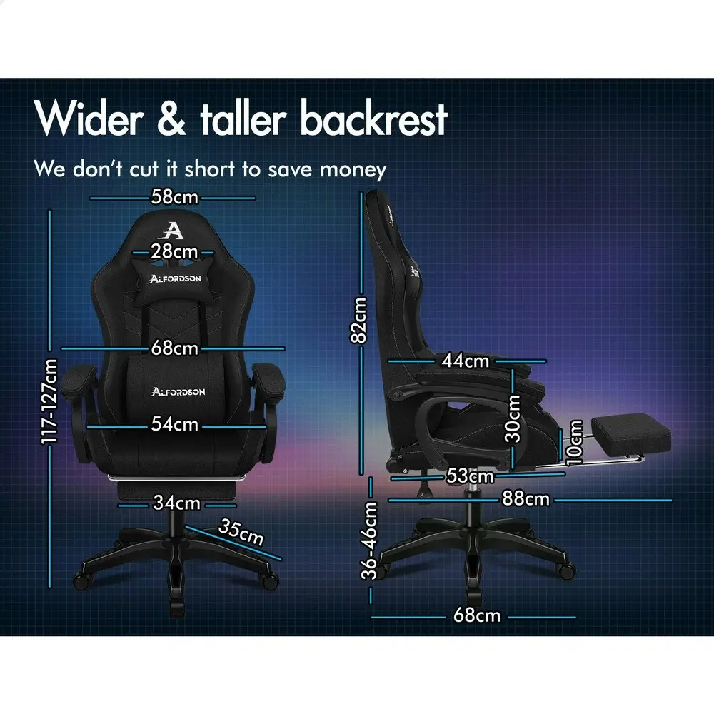 Alfordson LED Gaming Chair Office with 8-Point Massage Fabric Black