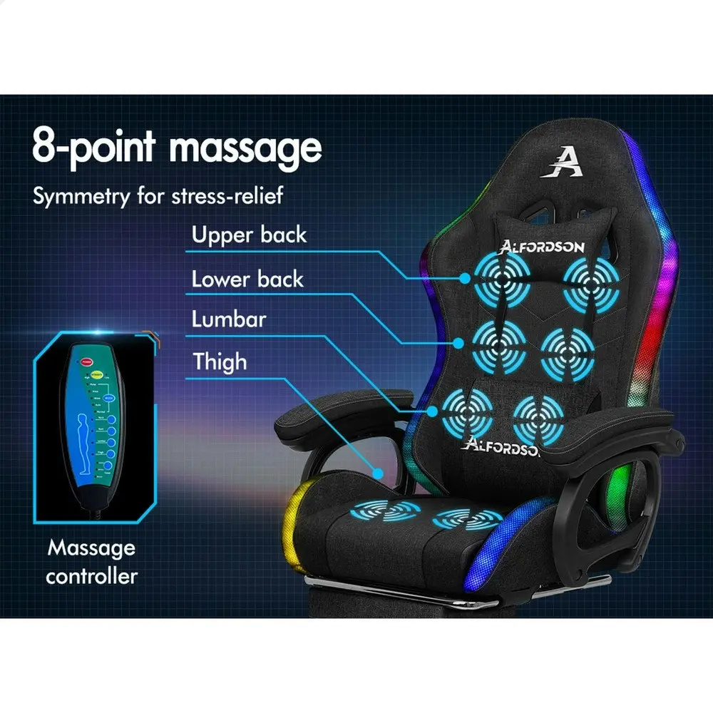 Alfordson LED Gaming Chair Office with 8-Point Massage Fabric Black