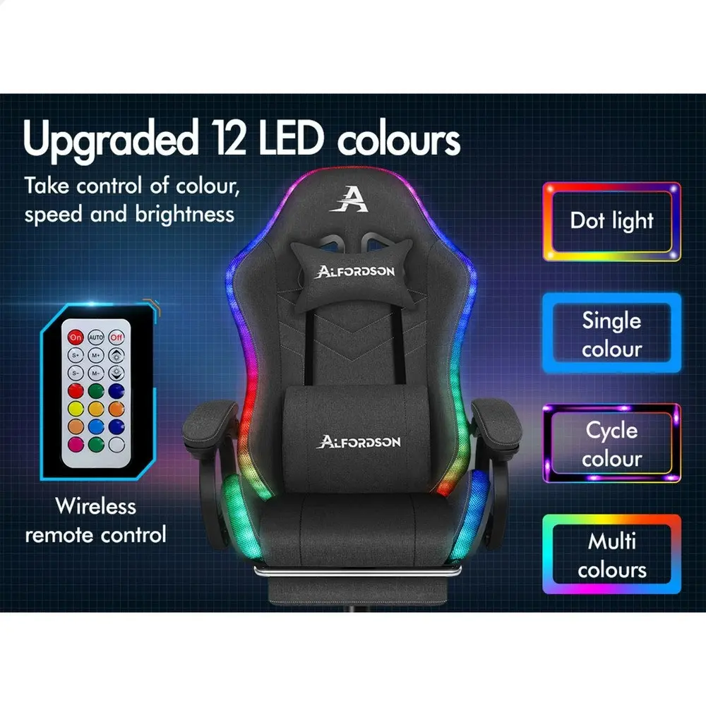 Alfordson LED Gaming Chair Office with 8-Point Massage Fabric Grey