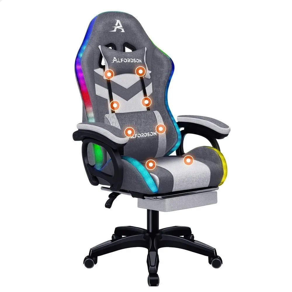 Alfordson LED Gaming Office Chair with 8-Point Massage Fabric Grey