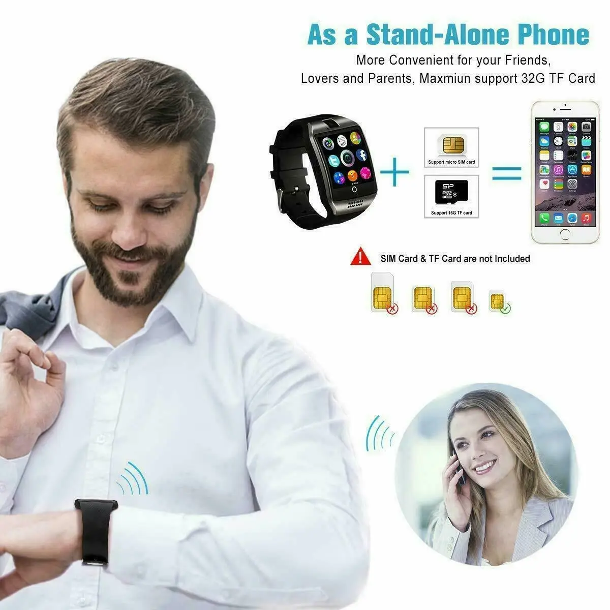 Smart Watch with Camera Bluetooth Pedometer Sim Card Slot for iPhone & Android | Water Resistant