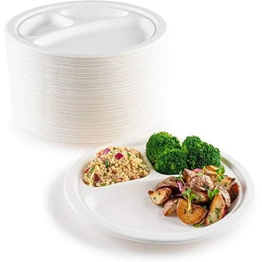 125 Pack | 3 Compartment Plates Heavy Duty & Biodegradable