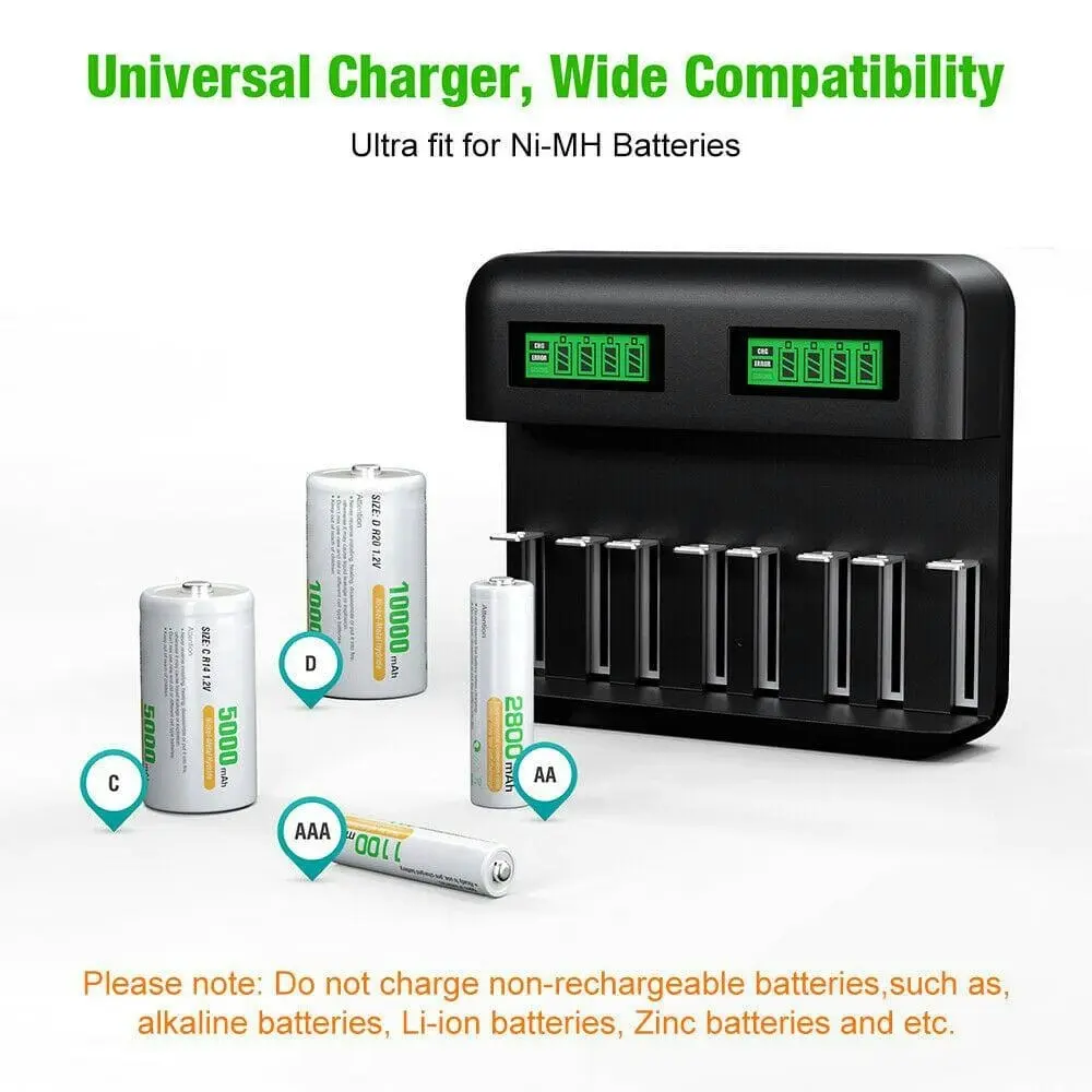 Smart Battery Charger 8 Slots LCD Display For AA/AAA/C/D Rechargeable Batteries