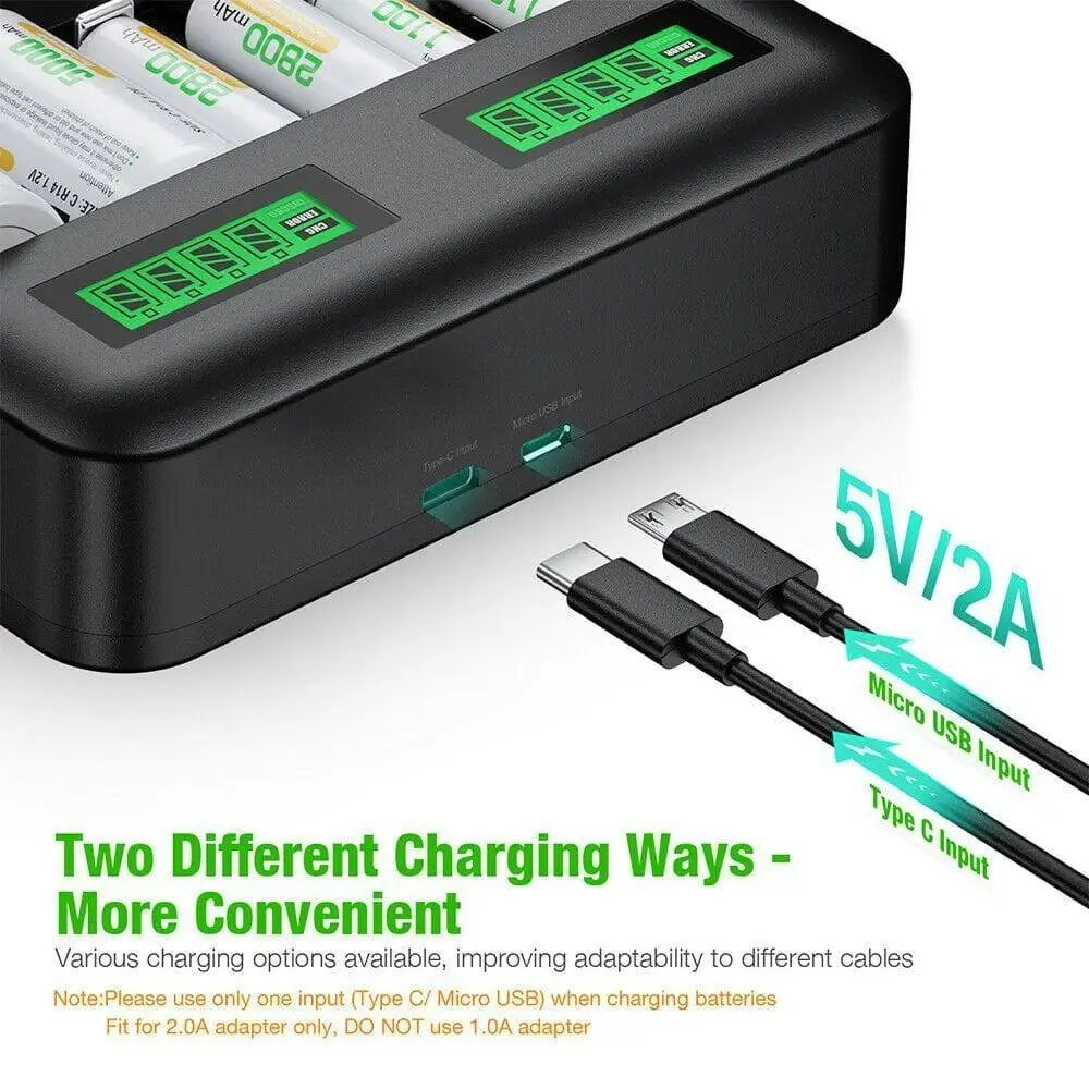 Smart Battery Charger 8 Slots LCD Display For AA/AAA/C/D Rechargeable Batteries