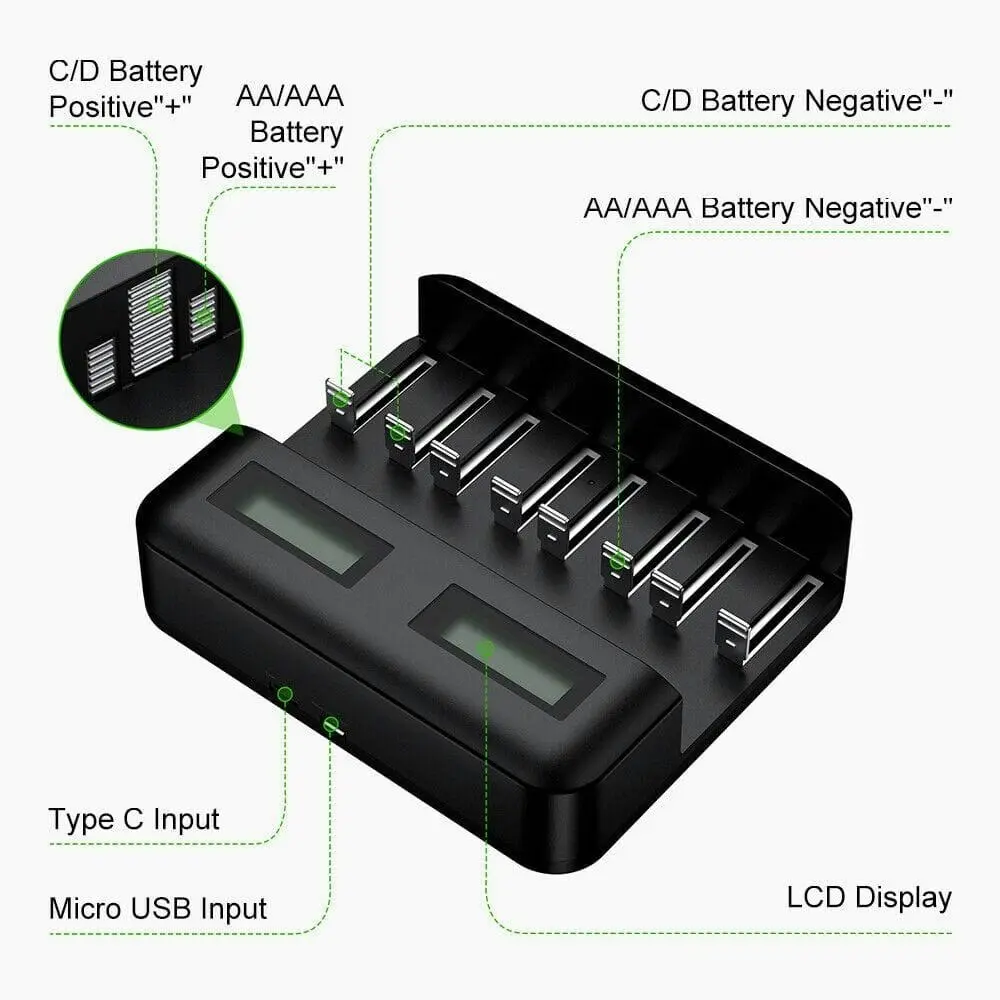 Smart Battery Charger 8 Slots LCD Display For AA/AAA/C/D Rechargeable Batteries