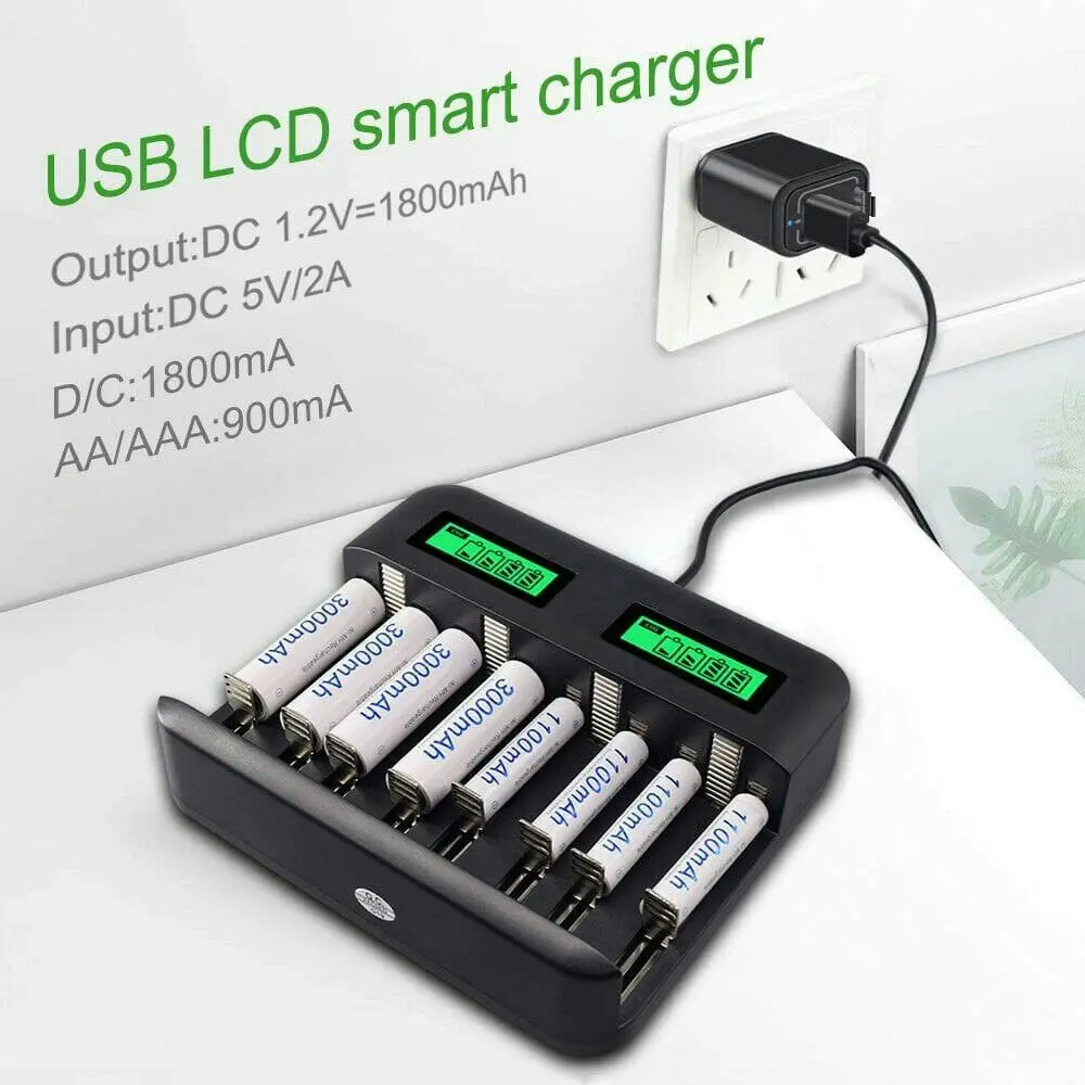 Smart Battery Charger 8 Slots LCD Display For AA/AAA/C/D Rechargeable Batteries