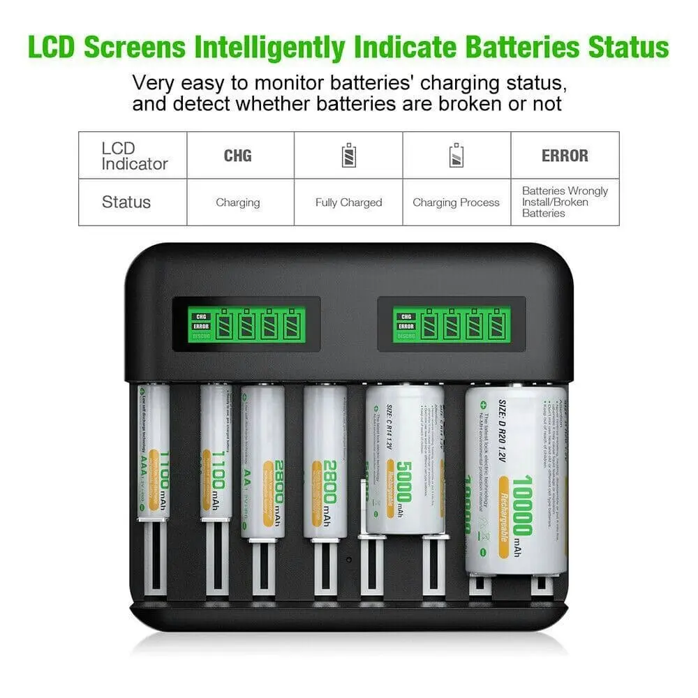 Smart Battery Charger 8 Slots LCD Display For AA/AAA/C/D Rechargeable Batteries