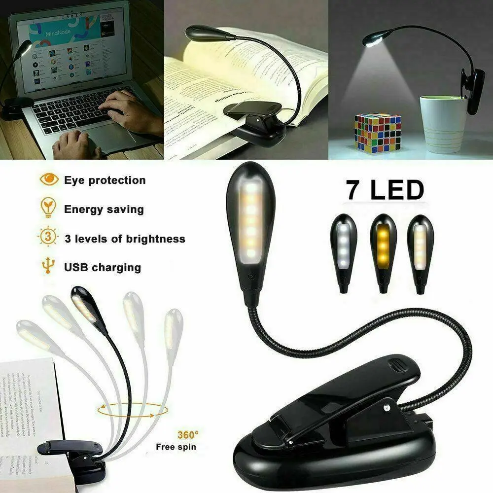 7 LED Reading Light USB Rechargeable Clip On Bed Book Reading Lamp Stand Light