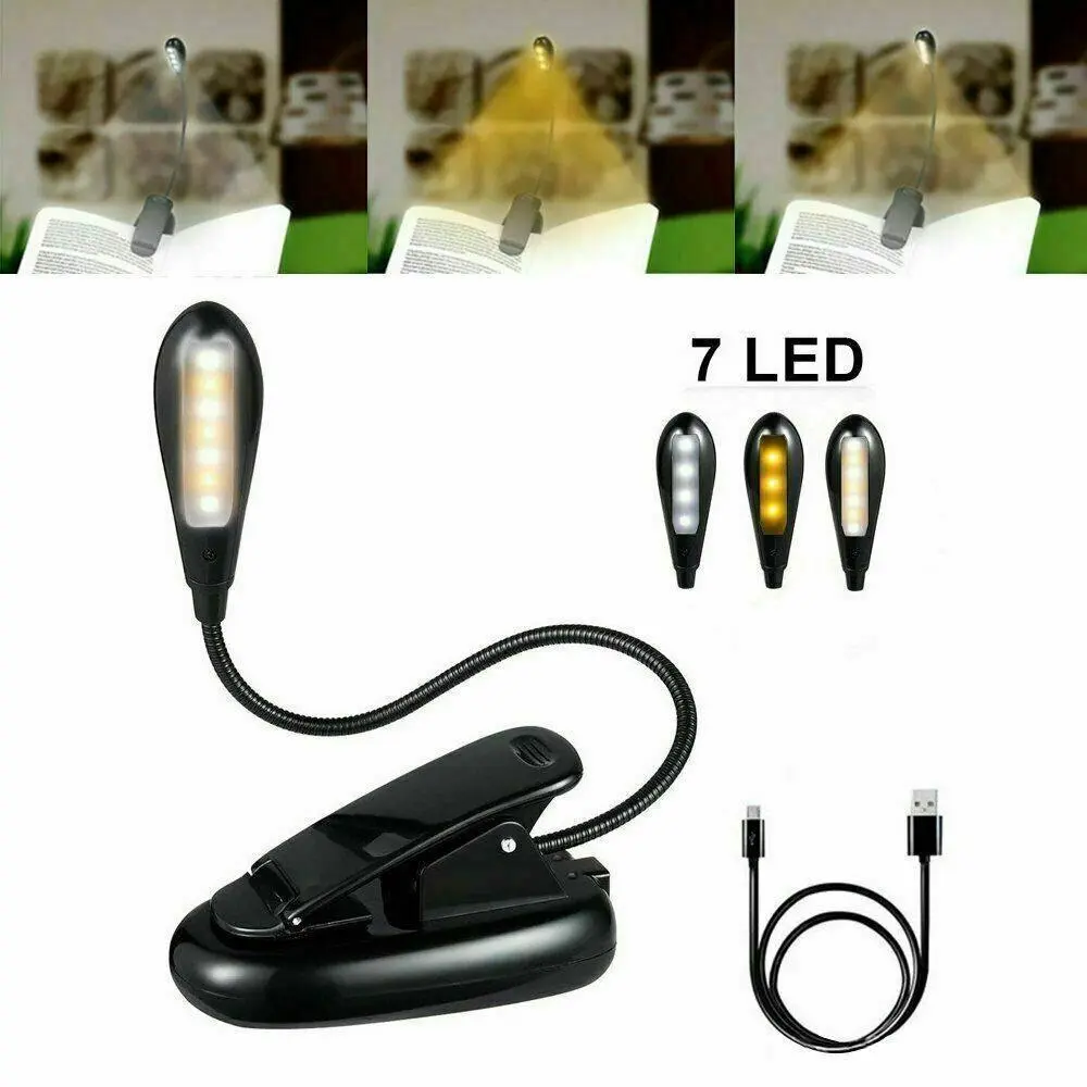 7 LED Reading Light USB Rechargeable Clip On Bed Book Reading Lamp Stand Light