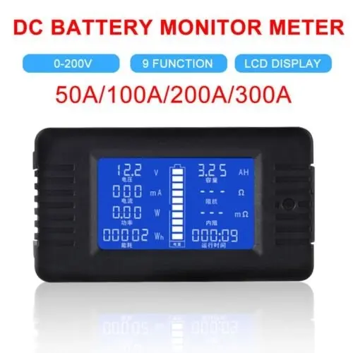 50A LCD Display DC Battery Monitor Meter 200V Voltmeter Amp For RV System