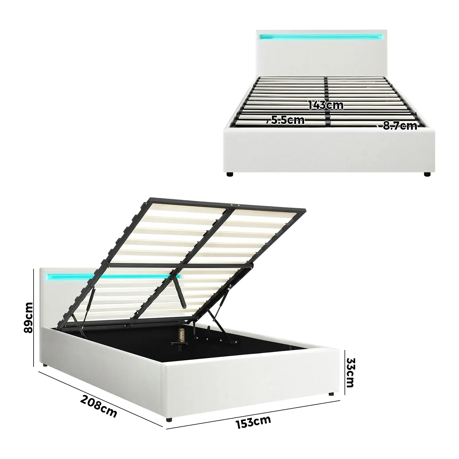 Oikiture Bed Frame Queen Size RGB LED Gas Lift Storage Base White