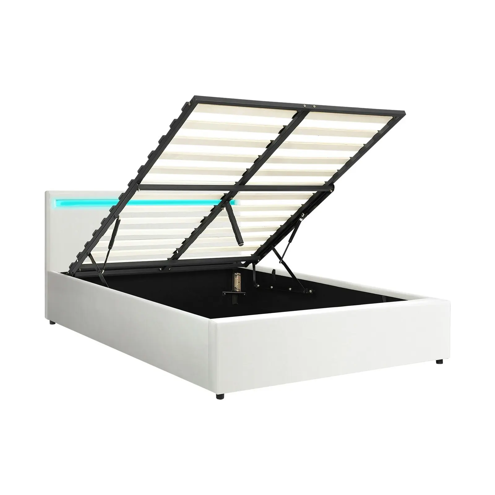 Oikiture Bed Frame Queen Size RGB LED Gas Lift Storage Base White