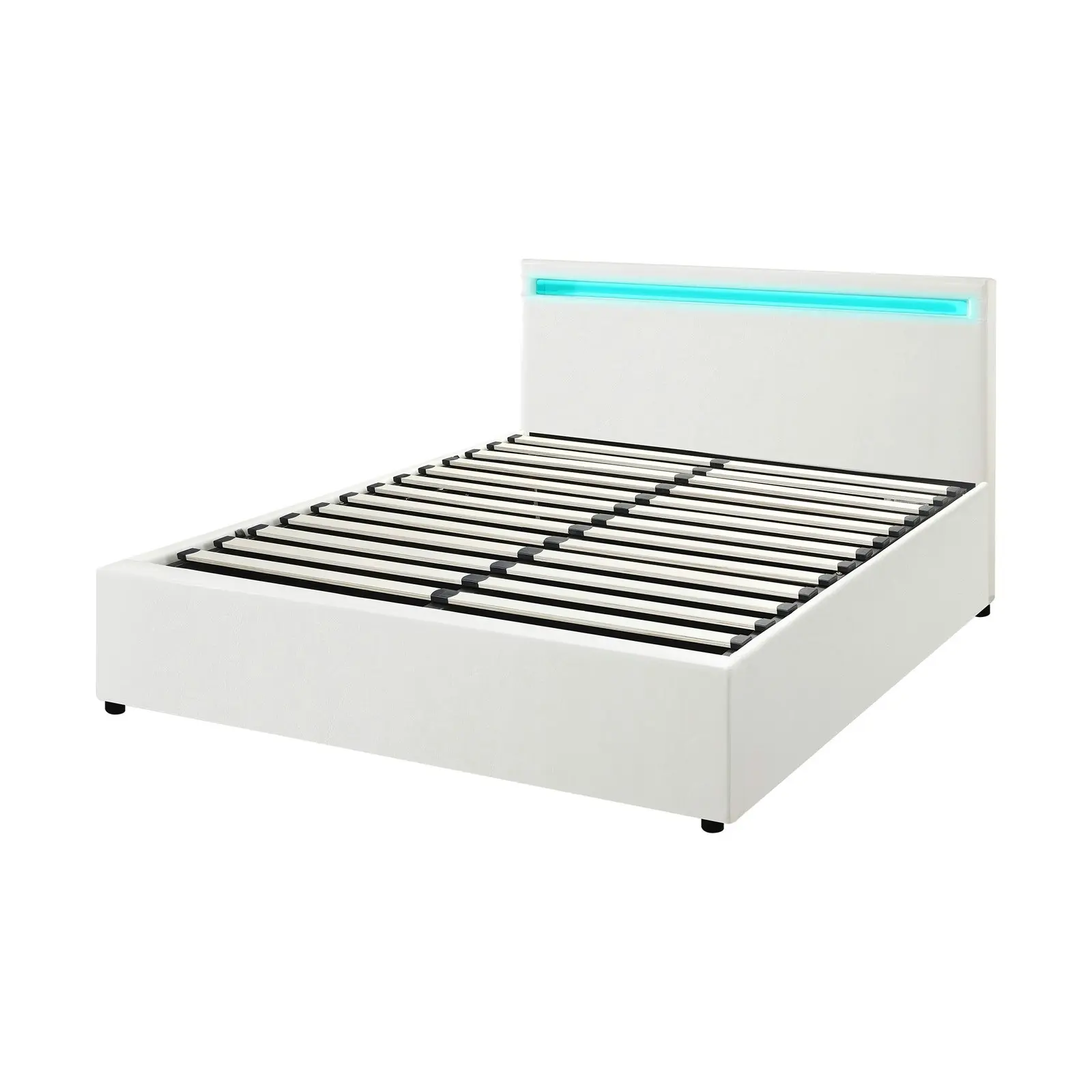 Oikiture Bed Frame Queen Size RGB LED Gas Lift Storage Base White