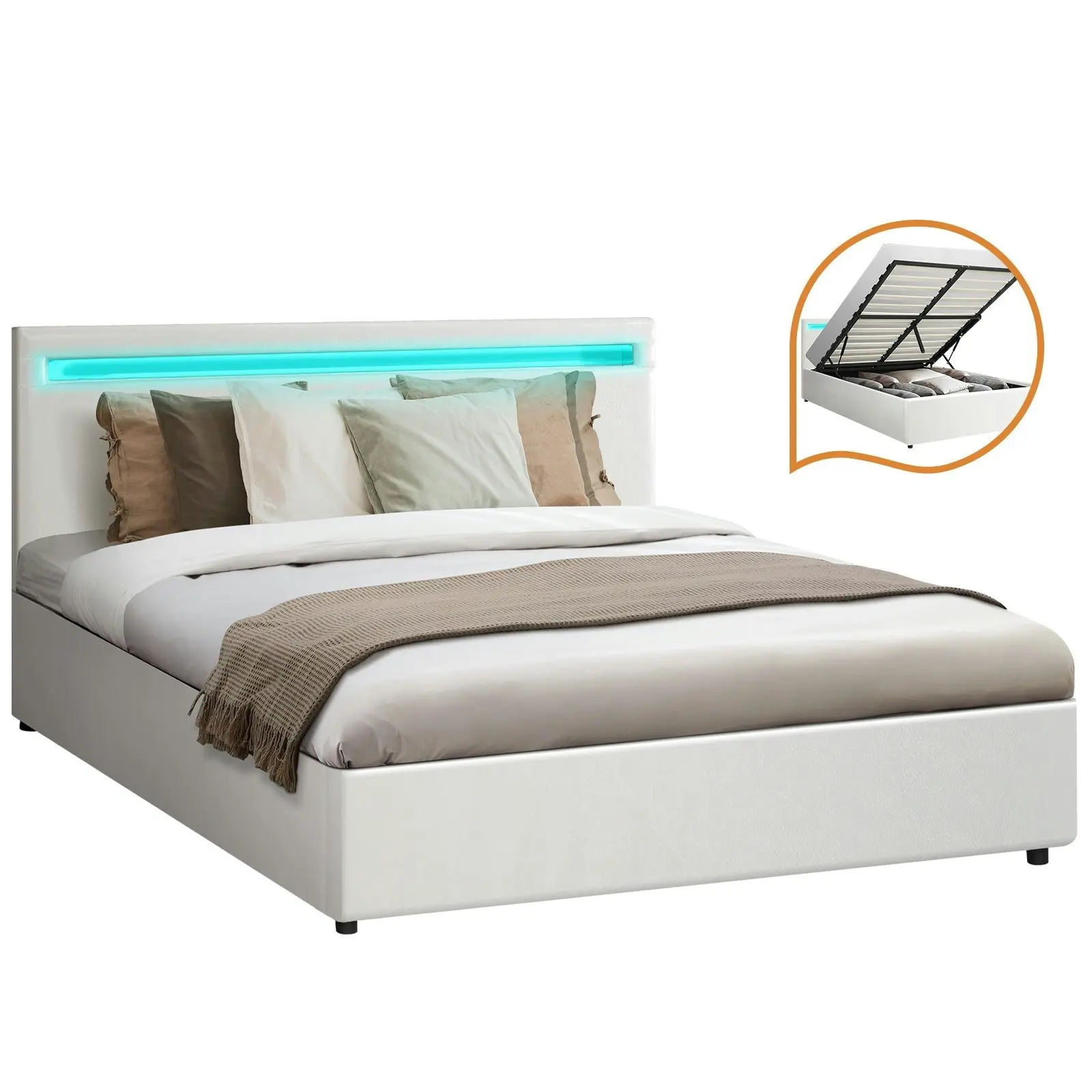 Oikiture Bed Frame Queen Size RGB LED Gas Lift Storage Base White