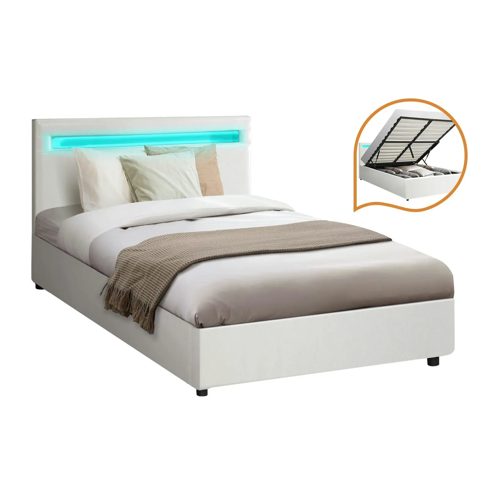 Oikiture Bed Frame King Single RGB LED Gas Lift Storage Base White