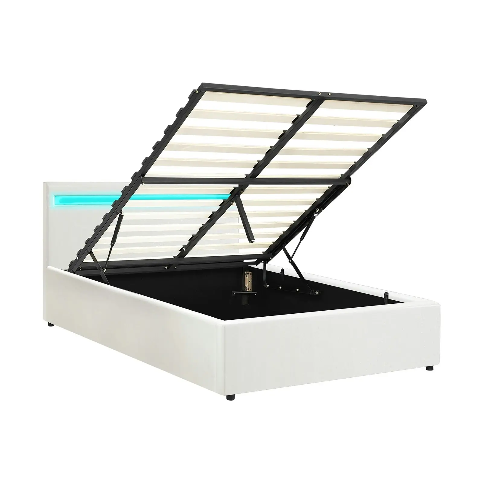 Oikiture Bed Frame King Single RGB LED Gas Lift Storage Base White