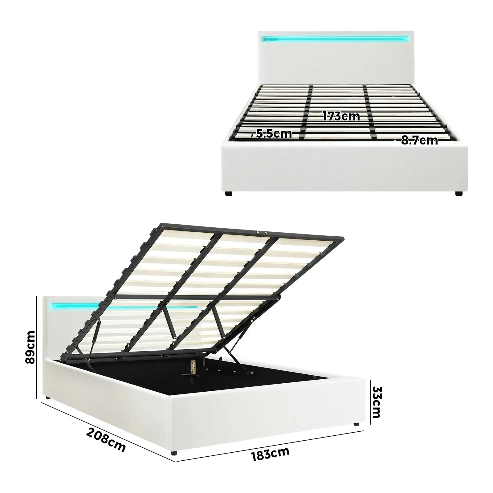 Oikiture Bed Frame King Size RGB LED Gas Lift Storage Base White