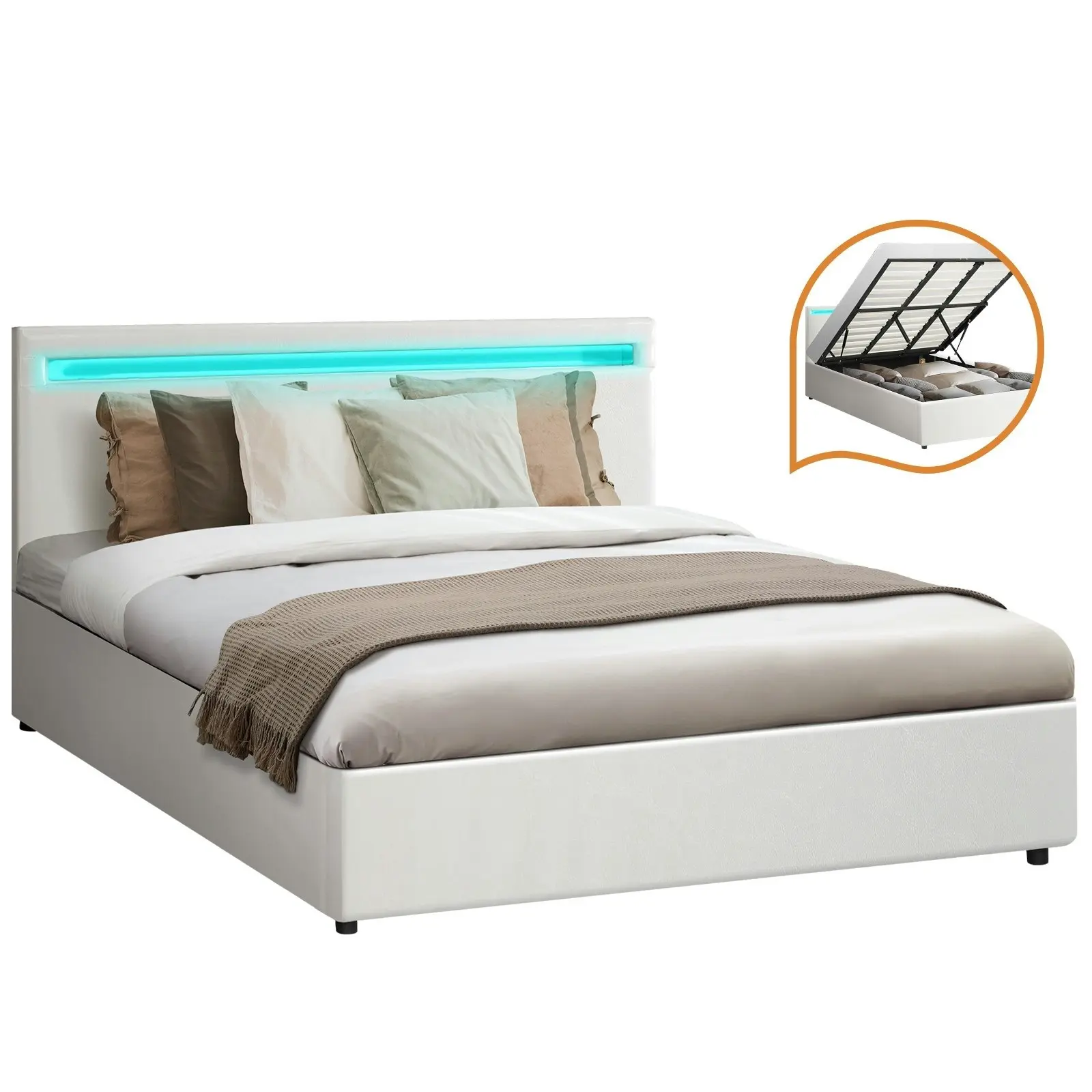 Oikiture Bed Frame King Size RGB LED Gas Lift Storage Base White