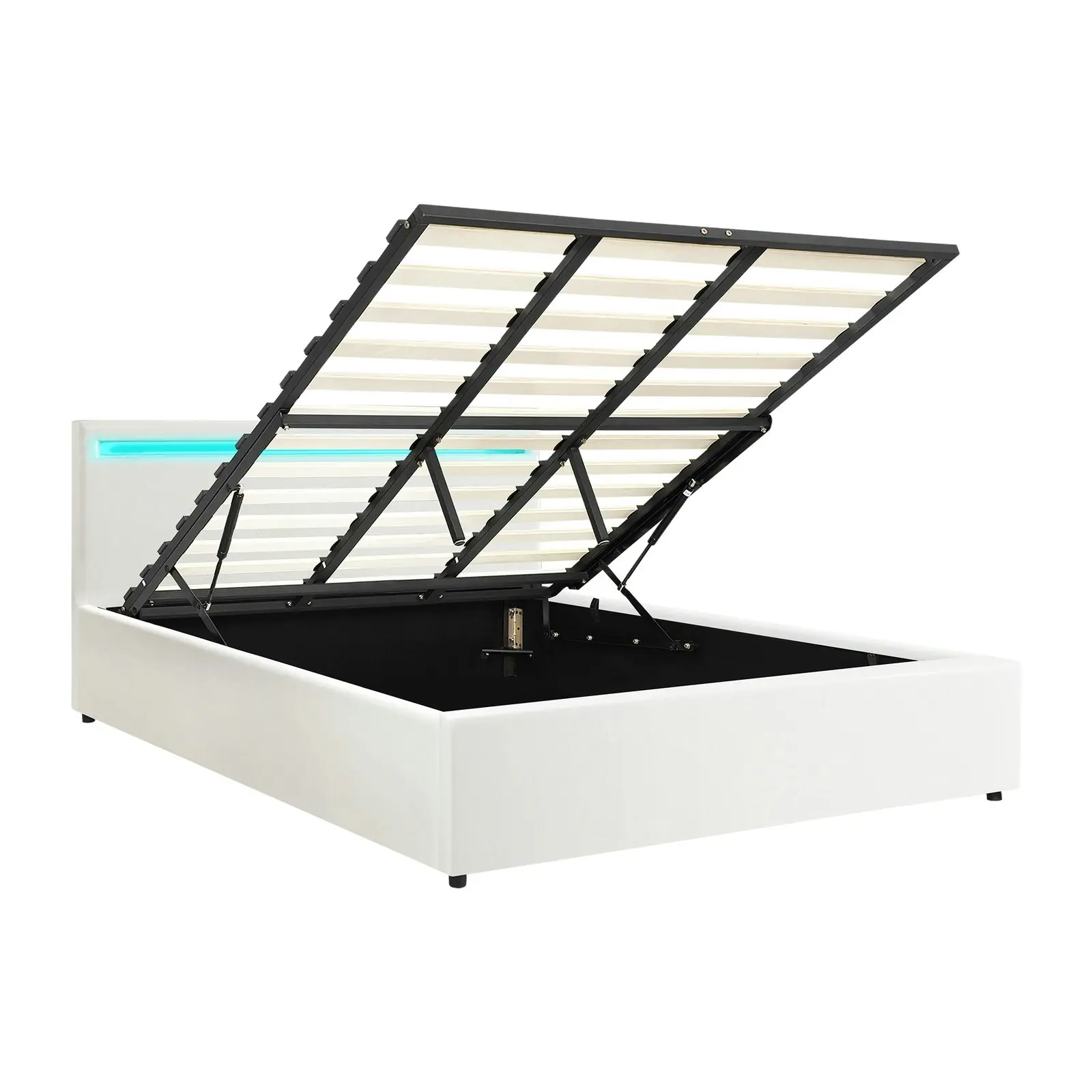 Oikiture Bed Frame King Size RGB LED Gas Lift Storage Base White