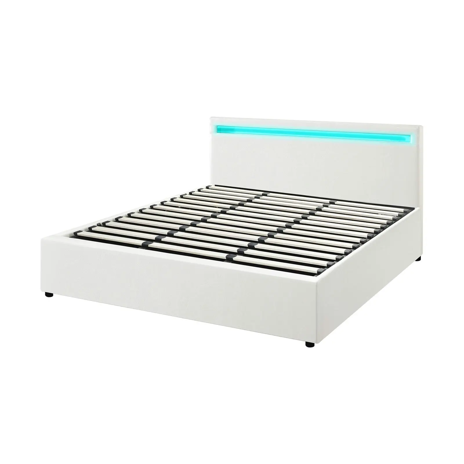 Oikiture Bed Frame King Size RGB LED Gas Lift Storage Base White