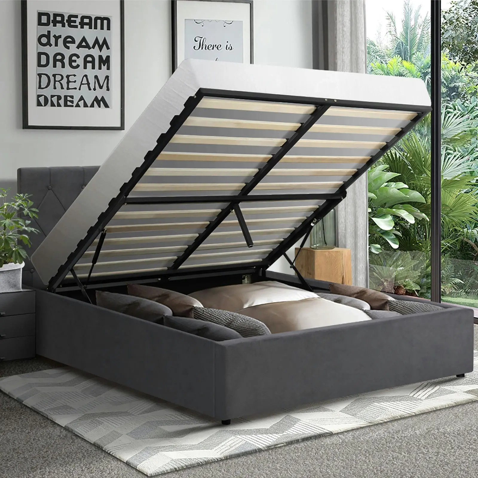 Oikiture Bed Frame Queen Size Gas Lift Grey Velvet COTI