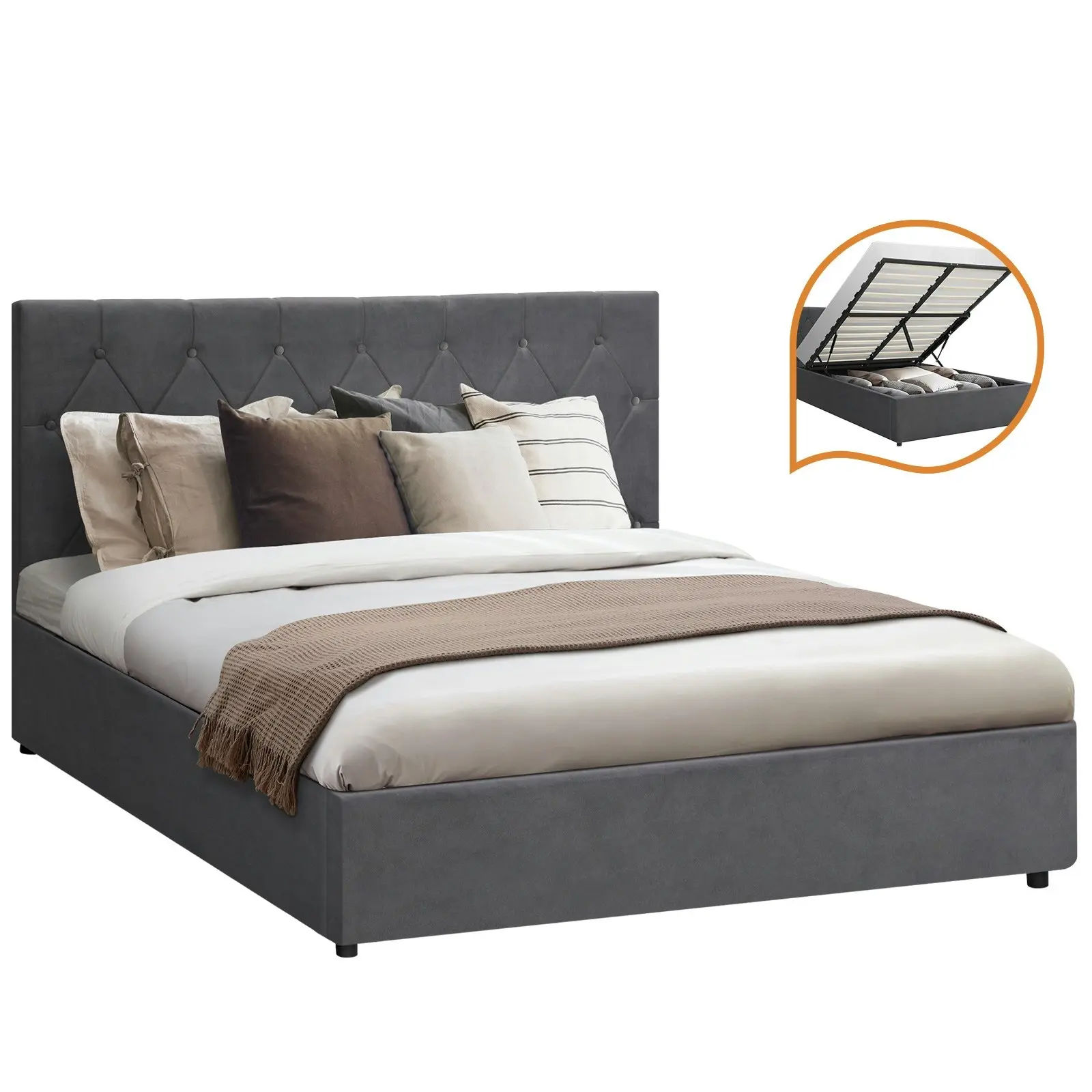 Oikiture Bed Frame Queen Size Gas Lift Grey Velvet COTI