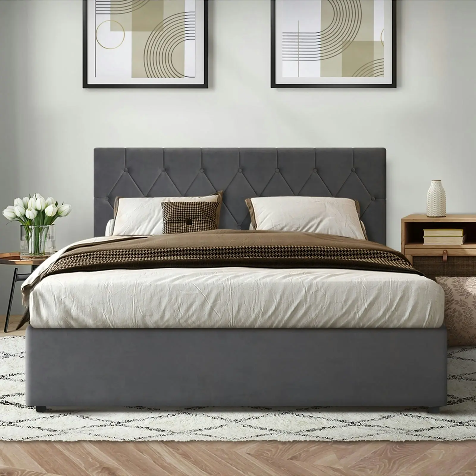 Oikiture Bed Frame Queen Size Gas Lift Grey Velvet COTI