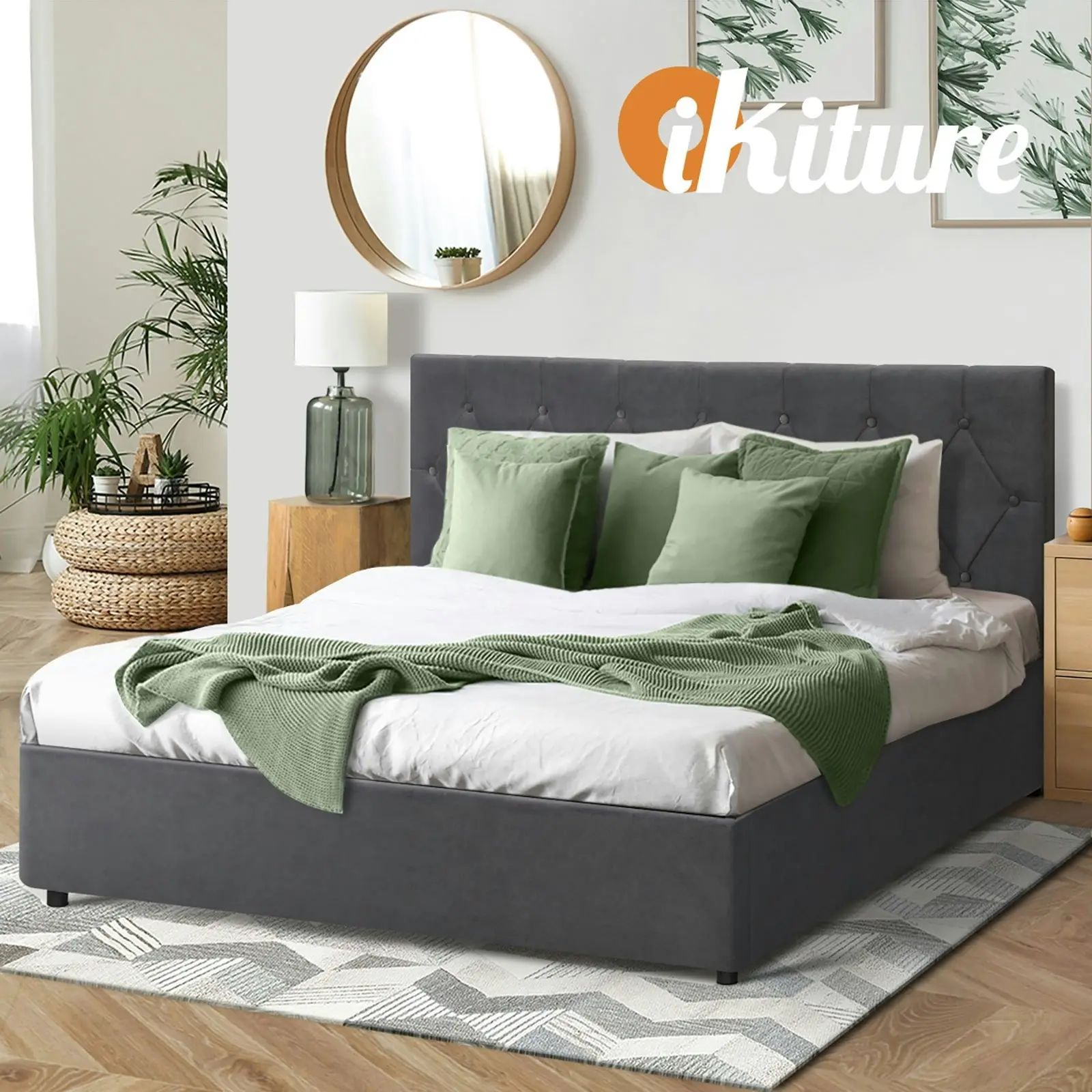 Oikiture Bed Frame Queen Size Gas Lift Grey Velvet COTI