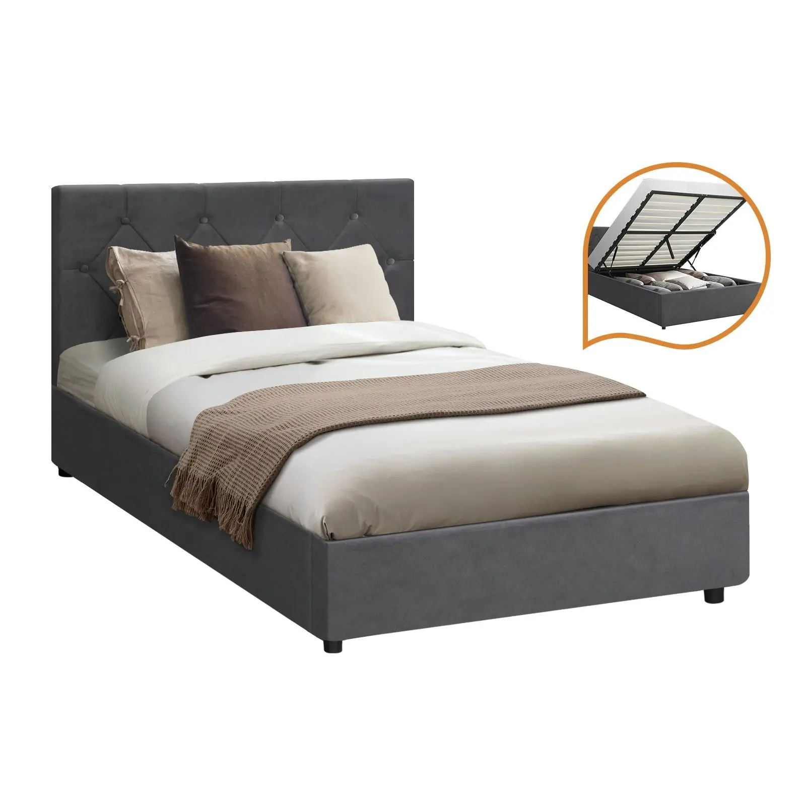 Oikiture Bed Frame King Single Gas Lift Grey Velvet COTI