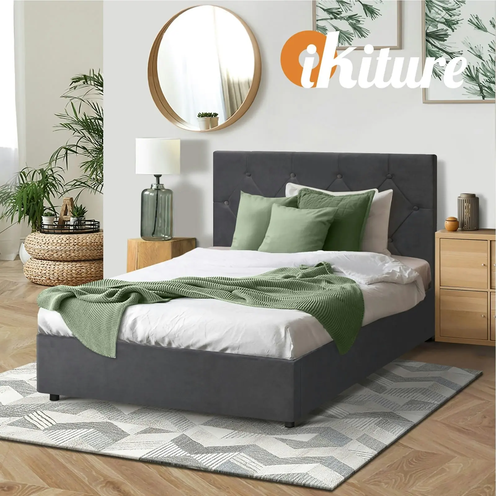 Oikiture Bed Frame King Single Gas Lift Grey Velvet COTI