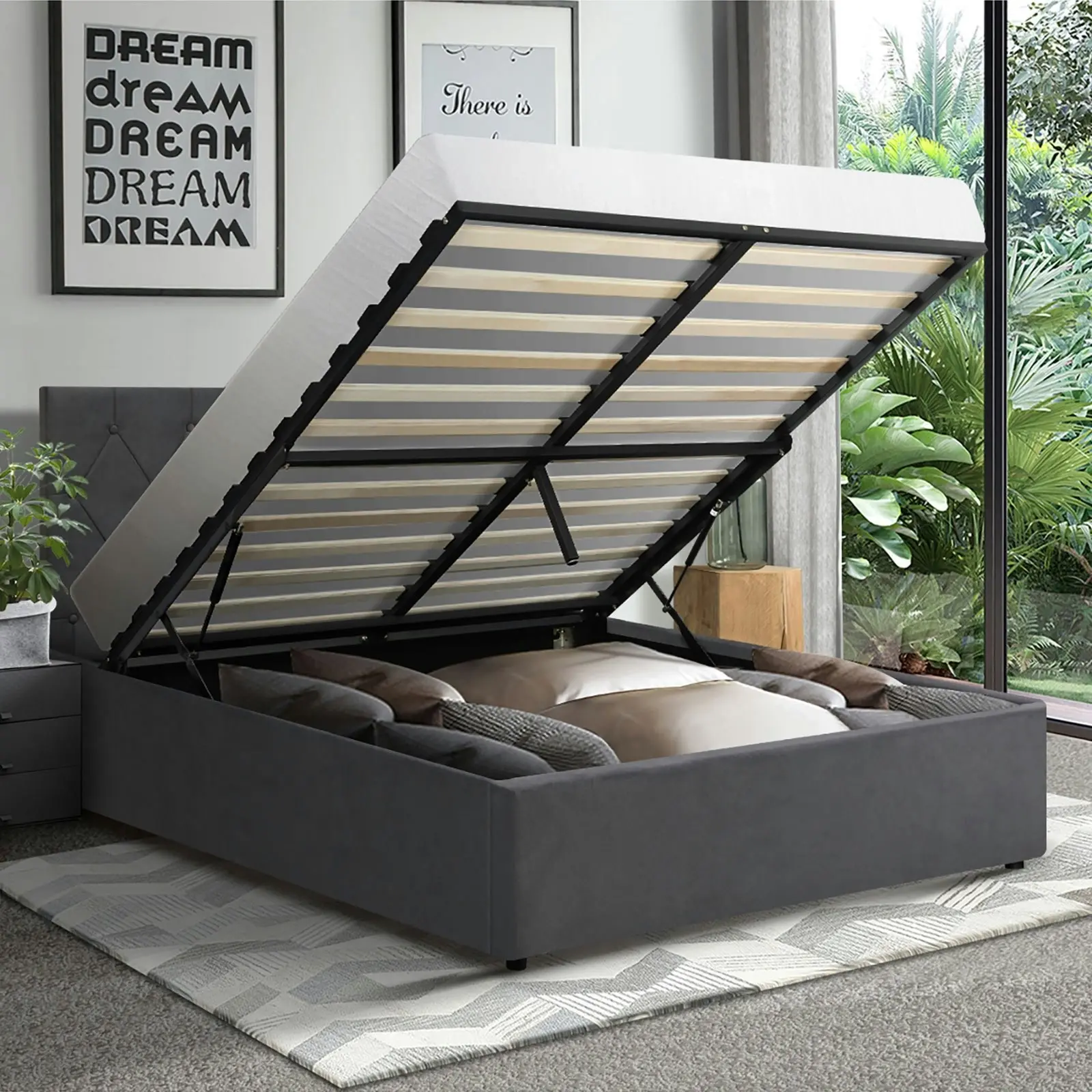 Oikiture Bed Frame King Single Gas Lift Grey Velvet COTI