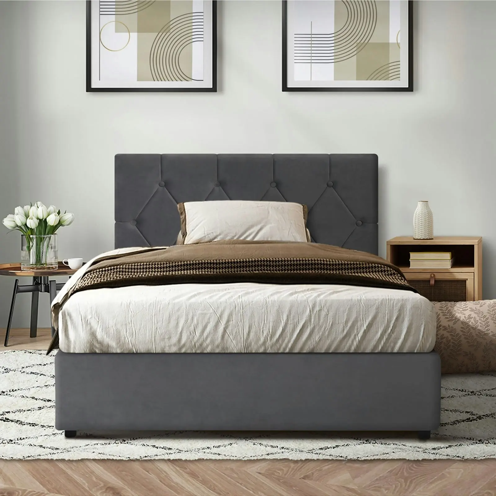 Oikiture Bed Frame King Single Gas Lift Grey Velvet COTI