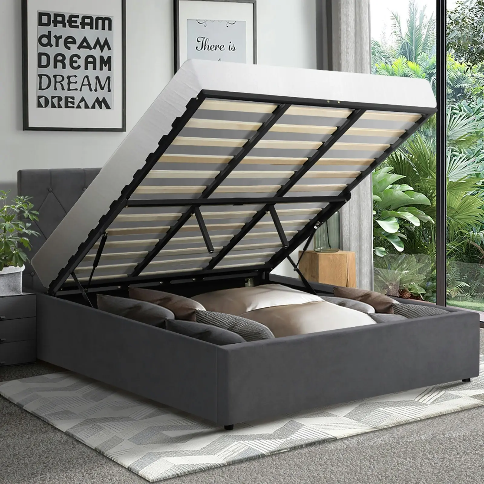 Oikiture Bed Frame King Size Gas Lift Grey Velvet COTI