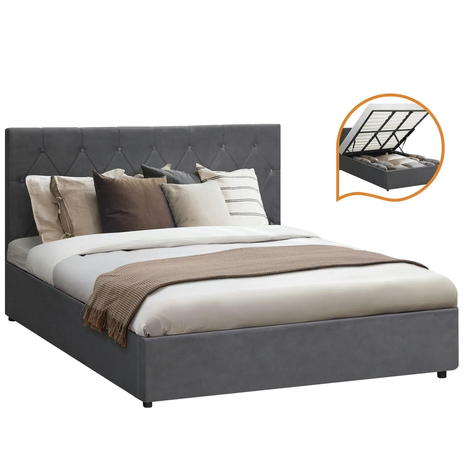 Oikiture Bed Frame King Size Gas Lift Grey Velvet COTI