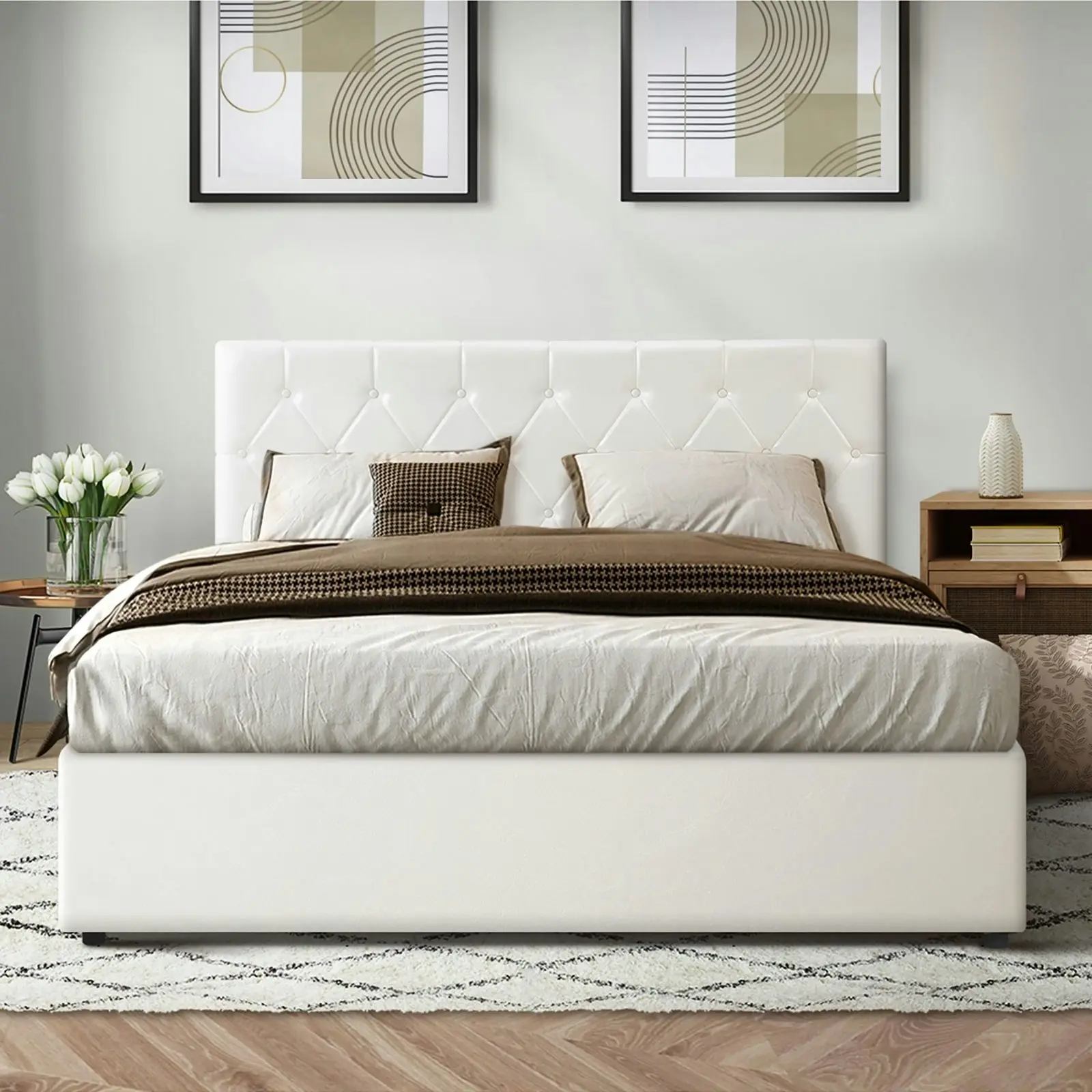 Oikiture Bed Frame Queen Size Gas Lift White Leather COTI